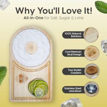 Margarita Salt Rimmer Set – Bamboo Sugar Rimmer for Cocktails with Bowl, 2 Wooden Coasters & Space for Margarita Accessories – Exclusive Mexican Skull Design Edition