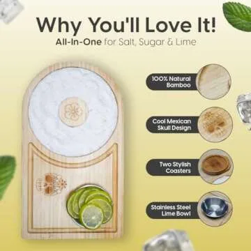 Margarita Salt Rimmer Set – Bamboo Sugar Rimmer for Cocktails with Bowl, 2 Wooden Coasters & Space for Margarita Accessories – Exclusive Mexican Skull Design Edition