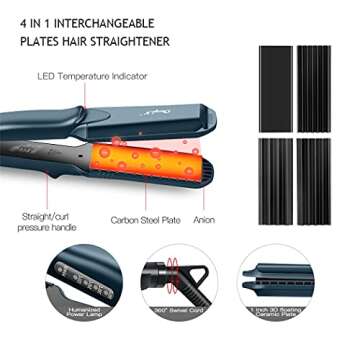 Hair Crimper, CkeyiN Crimping Irons Hair Straightener Flat Iron with 4 Interchangeable Tourmaline Ceramic Plate Adjustable Temperature for All Hair Types