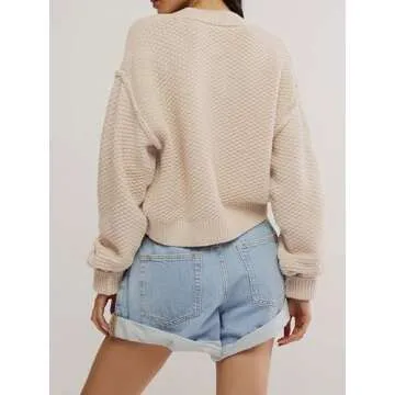 People Free Doop,Fall Sweaters,Cardigan Sweaters for Women,Button Front Lightweight Cropped Short Cardigan Beige