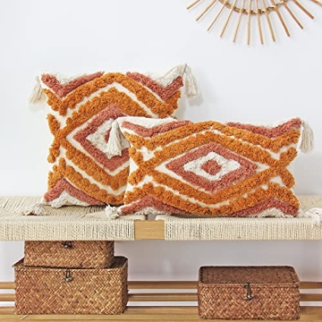 JOJUSIS Boho Lumbar Throw Pillow Covers with Handmade Tassels Decorative Woven Tufted Orange Lumbar Pillowcase for Couch Bedroom 12 x 20 Inch