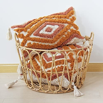 JOJUSIS Boho Lumbar Throw Pillow Covers with Handmade Tassels Decorative Woven Tufted Orange Lumbar Pillowcase for Couch Bedroom 12 x 20 Inch