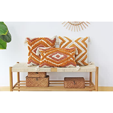 JOJUSIS Boho Lumbar Throw Pillow Covers with Handmade Tassels Decorative Woven Tufted Orange Lumbar Pillowcase for Couch Bedroom 12 x 20 Inch