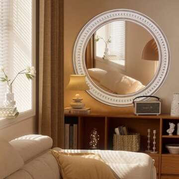32'' Boho Wooden Large Round Wall Mirrors, Rustic Farmhouse Circle Mirrors Decorative Mirrors for Ba...
