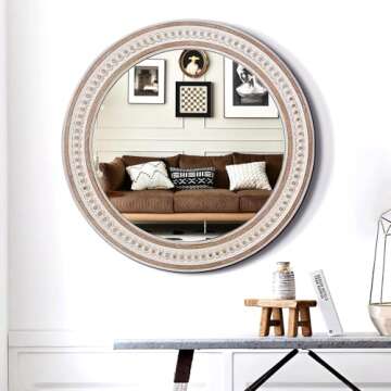 32'' Boho Wooden Large Round Wall Mirrors, Rustic Farmhouse Circle Mirrors Decorative Mirrors for Bathroom, Bedroom Over Sink, Living Room, Entryway