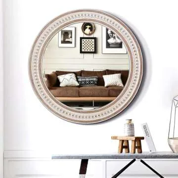 32'' Boho Wooden Large Round Wall Mirrors, Rustic Farmhouse Circle Mirrors Decorative Mirrors for Bathroom, Bedroom Over Sink, Living Room, Entryway