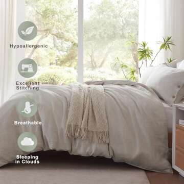 TOSMO 100% Linen Duvet Cover Set with Button Closure, 3 Pieces (1 Duvet Cover with 2 Pillowcases), Soft Breathable Durable Farmhouse Bedding - Queen, Natural Linen