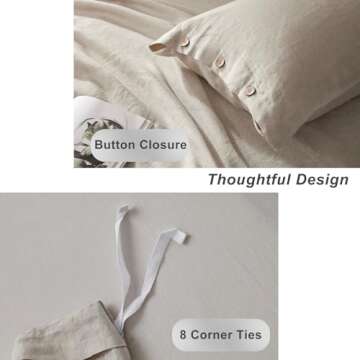 TOSMO 100% Linen Duvet Cover Set with Button Closure, 3 Pieces (1 Duvet Cover with 2 Pillowcases), Soft Breathable Durable Farmhouse Bedding - Queen, Natural Linen