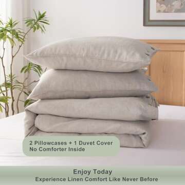 TOSMO 100% Linen Duvet Cover Set with Button Closure, 3 Pieces (1 Duvet Cover with 2 Pillowcases), Soft Breathable Durable Farmhouse Bedding - Queen, Natural Linen