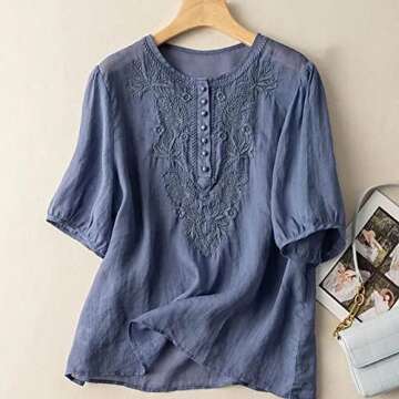 Women's Embroidered Blouse Cotton Linen Puff Short Sleeve Crew Neck Peasant Boho Top Casual Loose Bu...