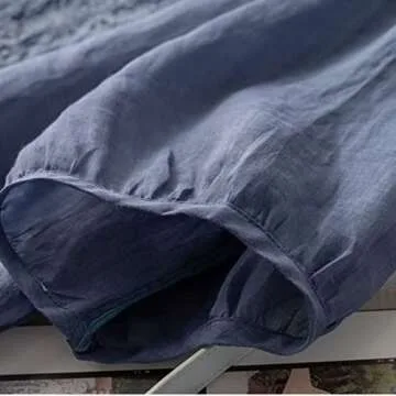 Women's Embroidered Blouse Cotton Linen Puff Short Sleeve Crew Neck Peasant Boho Top Casual Loose Button-Down T Shirts Blue