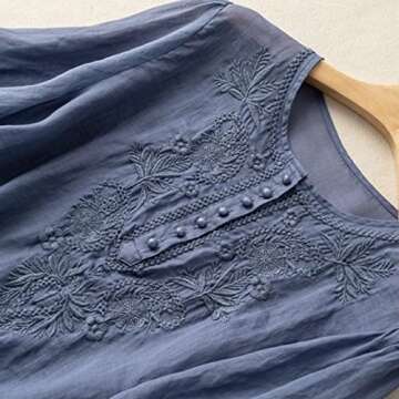 Women's Embroidered Blouse Cotton Linen Puff Short Sleeve Crew Neck Peasant Boho Top Casual Loose Button-Down T Shirts Blue