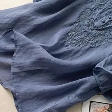 Women's Embroidered Blouse Cotton Linen Puff Short Sleeve Crew Neck Peasant Boho Top Casual Loose Button-Down T Shirts Blue