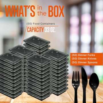 SQUATZ 50 Meal Prep Containers with Lids for Adults - 33oz, Microwave Safe, Reusable Food Storage, Freezer Safe, Leak-Free Lunch Container - Includes Utensils