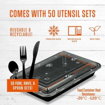 SQUATZ 50 Meal Prep Containers with Lids for Adults - 33oz, Microwave Safe, Reusable Food Storage, Freezer Safe, Leak-Free Lunch Container - Includes Utensils