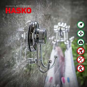 HASKO accessories - Powerful Vacuum Suction Cup Hooks - Organizer for Towel, Bathrobe and Loofah - Strong Stainless Steel Towel Hooks for Bathroom & Kitchen, Towel Hanger Storage (2 Pack)