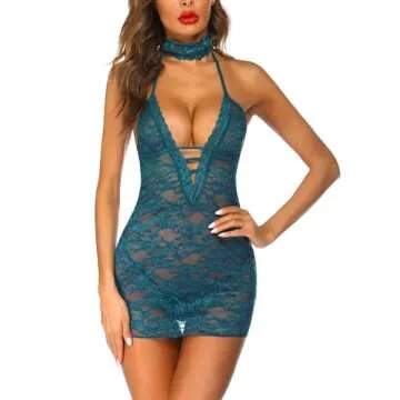 Avidlove Sexy Night Gowns for Woman Lace Halter Lingerie Cute Nighty, Peacock Blue Medium
