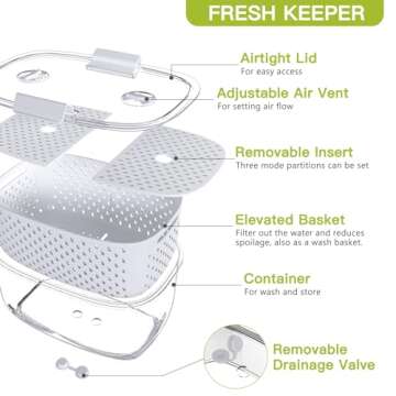 LUXEAR Fresh Produce Vegetable Fruit Storage Containers 3Piece Set, BPA-free, Partitioned Salad Container, Fridge Organizers, Used in Storing Fruits Vegetables, White