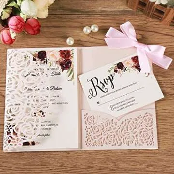 KUCHYNEE 5.1x7.1 Inch 50PCS Blush Pink Blank Wedding Invitation Kits Laser Cut Hollow Rose Pocket We...