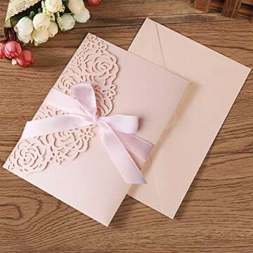 KUCHYNEE 5.1x7.1 Inch 50PCS Blush Pink Blank Wedding Invitation Kits Laser Cut Hollow Rose Pocket Wedding Invitations with Envelopes For Wedding Quincenera Engagement Invite