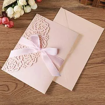 KUCHYNEE 5.1x7.1 Inch 50PCS Blush Pink Blank Wedding Invitation Kits Laser Cut Hollow Rose Pocket Wedding Invitations with Envelopes For Wedding Quincenera Engagement Invite