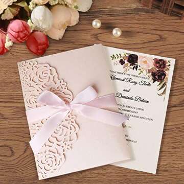 KUCHYNEE 5.1x7.1 Inch 50PCS Blush Pink Blank Wedding Invitation Kits Laser Cut Hollow Rose Pocket Wedding Invitations with Envelopes For Wedding Quincenera Engagement Invite