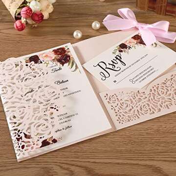 KUCHYNEE 5.1x7.1 Inch 50PCS Blush Pink Blank Wedding Invitation Kits Laser Cut Hollow Rose Pocket Wedding Invitations with Envelopes For Wedding Quincenera Engagement Invite