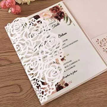 KUCHYNEE 5.1x7.1 Inch 50PCS Blush Pink Blank Wedding Invitation Kits Laser Cut Hollow Rose Pocket Wedding Invitations with Envelopes For Wedding Quincenera Engagement Invite