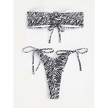 MakeMeChic Women's 2 Pieces Bandeau Swimsuits Tie Front High Cut Bikini Bathing Suit Black and White XS