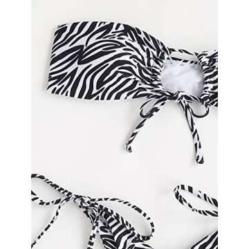 MakeMeChic Women's 2 Pieces Bandeau Swimsuits Tie Front High Cut Bikini Bathing Suit Black and White XS