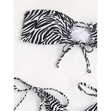 MakeMeChic Women's 2 Pieces Bandeau Swimsuits Tie Front High Cut Bikini Bathing Suit Black and White XS