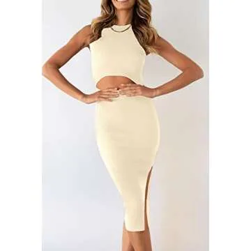 PRETTYGARDEN Women's Summer Midi Bodycon Dresses Casual Crew Neck Side Slit Sleeveless Knit Cut Out Tank Top Dress