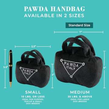 Haute Diggity Dog Pawda Handbag, Plush Designer Dog Toys with Interactive Squeaker, Stimulating Pet Enrichment, Machine-Washable & Safe Materials for All Breeds, Size Medium