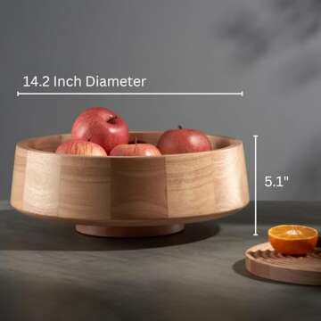 IVE Design XL Natural Wood Fruit Bowl for Kitchen Counter, 14.2-inch Diameter Large Wooden Fruit Bow...