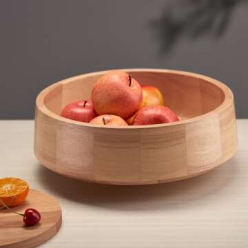 IVE Design XL Natural Wood Fruit Bowl for Kitchen Counter, 14.2-inch Diameter Large Wooden Fruit Bowl, Decorative Bowl Fruit Holder Fruit Basket for Kitchen