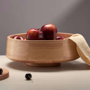 IVE Design XL Natural Wood Fruit Bowl for Kitchen Counter, 14.2-inch Diameter Large Wooden Fruit Bowl, Decorative Bowl Fruit Holder Fruit Basket for Kitchen