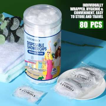 LEOBRO Individually Wrapped Disposable Shower Caps - 80pcs, 19.3 Inch Plastic Hair Caps for Travel a...