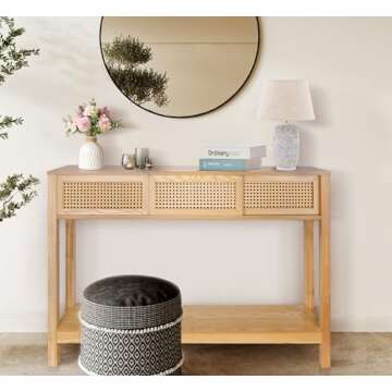 Long Console Table, Console Tables for Entryway, Rattan Entry Table Narrow Wood Console Table with S...