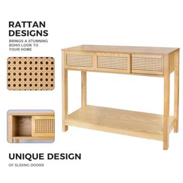 Long Console Table, Console Tables for Entryway, Rattan Entry Table Narrow Wood Console Table with Storage, Modern Couch Table Hallway Table Boho Sofa Table for Living Room