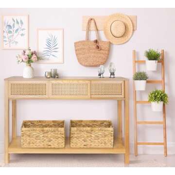 Long Console Table, Console Tables for Entryway, Rattan Entry Table Narrow Wood Console Table with Storage, Modern Couch Table Hallway Table Boho Sofa Table for Living Room