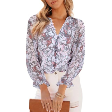 Aoudery Women's Boho Floral Print V-Neck Blouse - Elegant Long Sleeve Chiffon Top