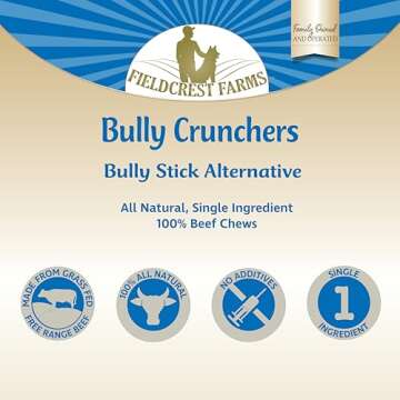 Fieldcrest Farms 6in Bully Crunchers - All-Natural 100% Beef Bully Stick Alternative, Highly Palatable, Easily Digestible, No Additives, Single Ingredient Long-Lasting Chew for Dogs- 6 Pcs
