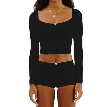 RUEWEY Womens Ribbed Knit Pajama Sets Long Sleeve Top and Shorts Matching Lounge Set PJ Set 2 Piece ...