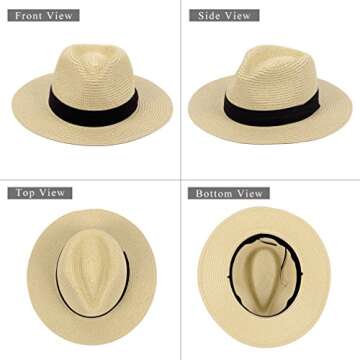Anycosy Panama Straw Hats for Women Summer Beach Sun Hat Wide Brim Fedora Cap UPF50+(A03-Straw Yellow)