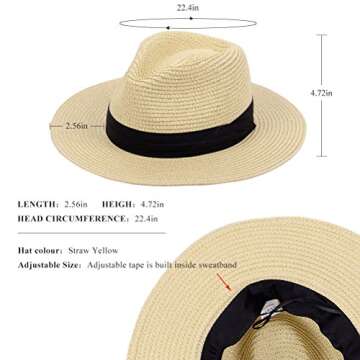 Anycosy Panama Straw Hats for Women Summer Beach Sun Hat Wide Brim Fedora Cap UPF50+(A03-Straw Yellow)