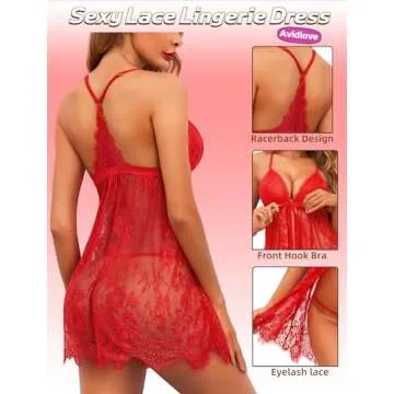 Avidlove Lingerie for Women Sexy Babydoll Lingerie Open front Chemise Lingerie （Red，Medium）