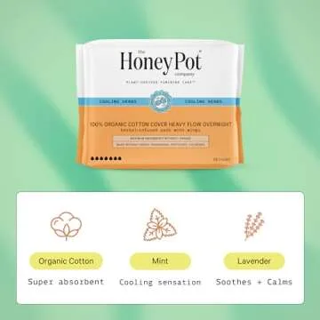 The Honey Pot Company - Herbal Sanitary Pads for Women - Heavy Flow Overnight w/Wings - Infused w/Essential Oils for Cooling Effect & Organic Cotton Cover - Feminine Care - FSA & HSA - 16 ct