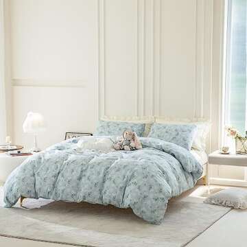 Floral King Duvet Cover, 100% Cotton 3 Pieces Floral Bedding Set King, Garden Style Blue Flower Pattern King Floral Duvet Cover, with Zipper Closure, Luxury Soft Breathable Comfy (Floral, King)