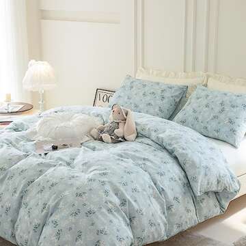 Floral King Duvet Cover, 100% Cotton 3 Pieces Floral Bedding Set King, Garden Style Blue Flower Pattern King Floral Duvet Cover, with Zipper Closure, Luxury Soft Breathable Comfy (Floral, King)