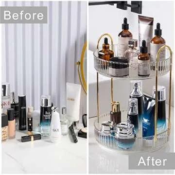 INVSSENE 360° Rotating Makeup Organizer, Bathroom Make Up Spinning Holder Rack, Large Capacity Cosmetics Storage Vanity Shelf Countertop, Fits Cosmetics, Perfume, Skincare(2 Tiers, Clear)